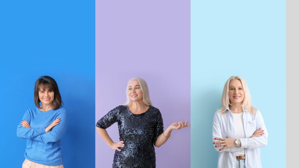 Kobiety na tle różnych kolorów - przedstawienie jak kolory odmładzają.