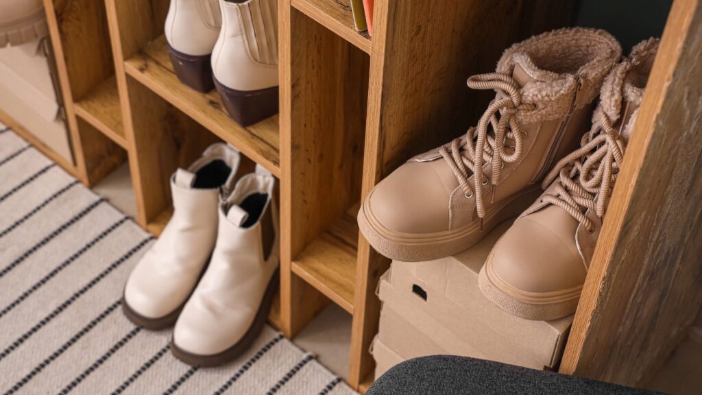 Szafka na przechowywanie butów wraz z kilkoma parami butów.