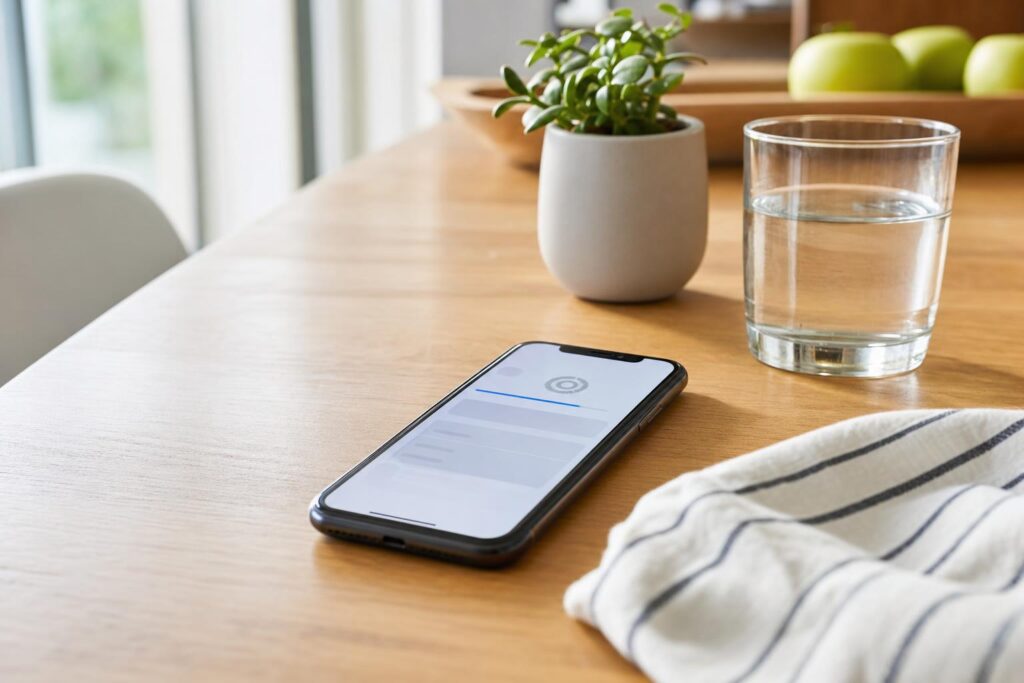 Smartfon leży na stole w jasnym wnętrzu, obok szklanki wody i małej rośliny.