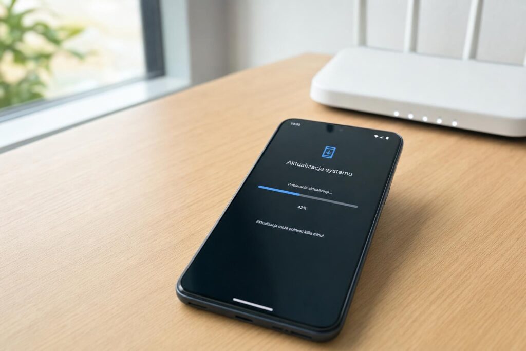 Smartfon na stole z ekranem aktualizacji, w tle lekko rozmyty router