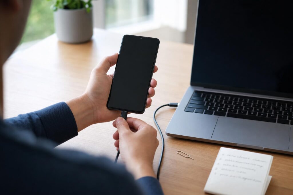 Osoba trzyma czarny telefon podłączony kablem do laptopa na jasnym biurku.