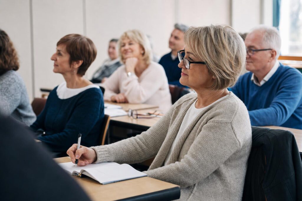Osoba po 50. roku życia robi notatki podczas zajęć edukacyjnych w jasnej sali.