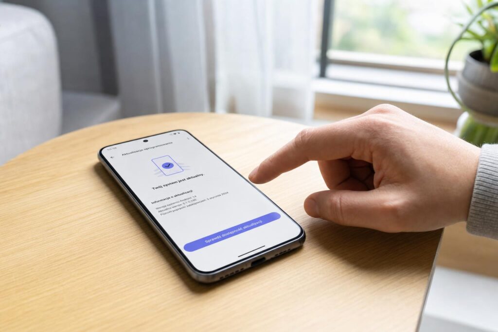 Smartfon na stole z otwartymi ustawieniami aktualizacji systemu i dłonią sięgającą do ekranu
