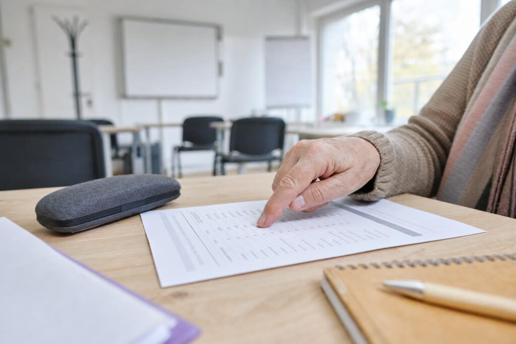Opłaty i oferta zajęć uniwersytetu trzeciego wieku na stole w sali edukacyjnej