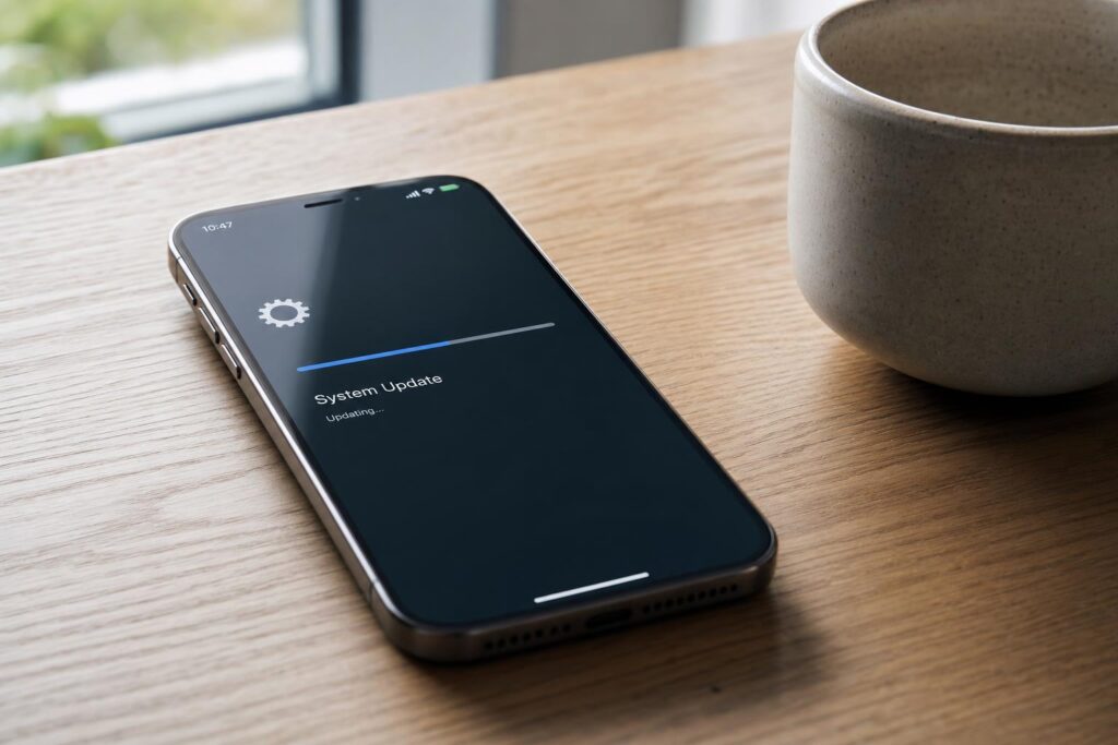 Smartfon na stole z ekranem aktualizacji systemu i widoczną ikoną baterii.