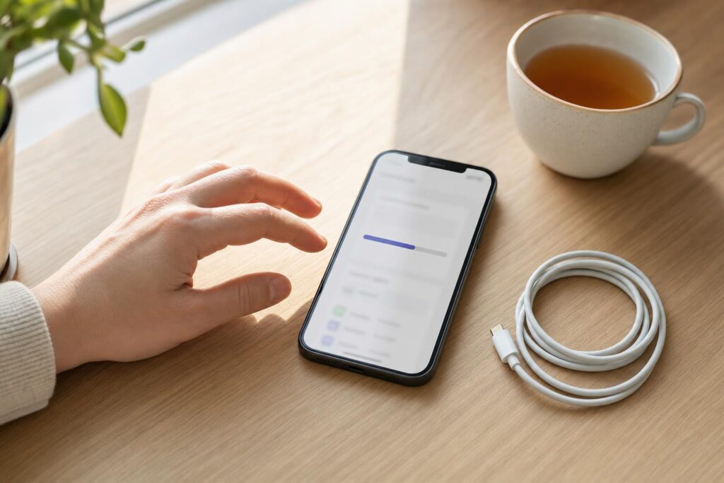 Smartfon na stole z paskiem postępu aktualizacji, obok dłoń i kabel do ładowania.