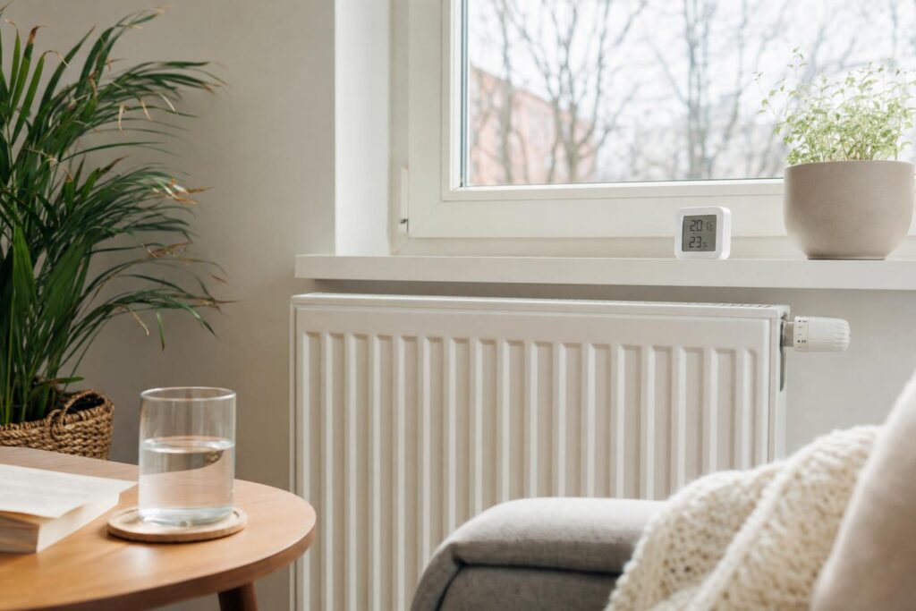Kaloryfer pod oknem, miernik wilgotności i roślina w jasnym mieszkaniu.