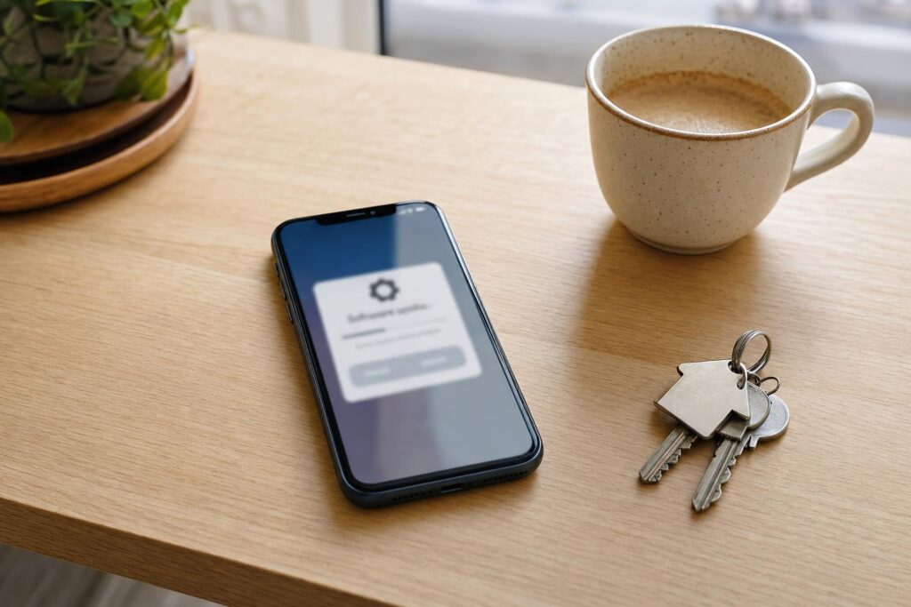 Smartfon z powiadomieniem o aktualizacji leży na stole obok kubka i kluczy.