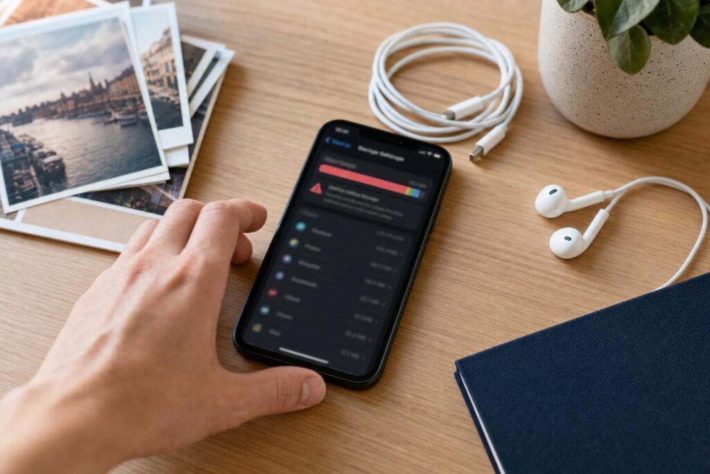 Smartfon z ostrzeżeniem o braku miejsca leży na stole obok kilku drobnych przedmiotów.