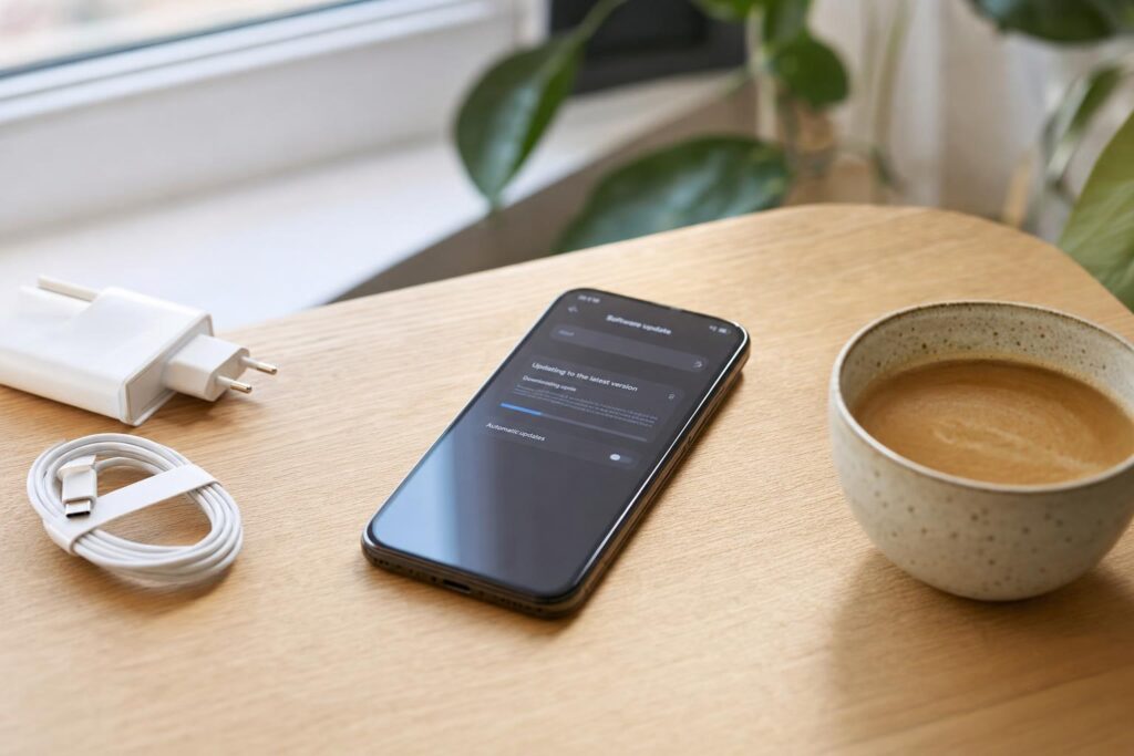 Smartfon na stole podczas aktualizacji systemu, obok kabel do ładowania i filiżanka.