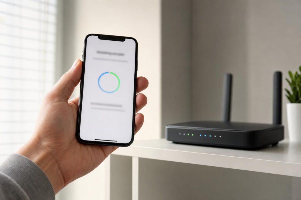 Smartfon trzymany obok routera Wi-Fi w jasnym wnętrzu.